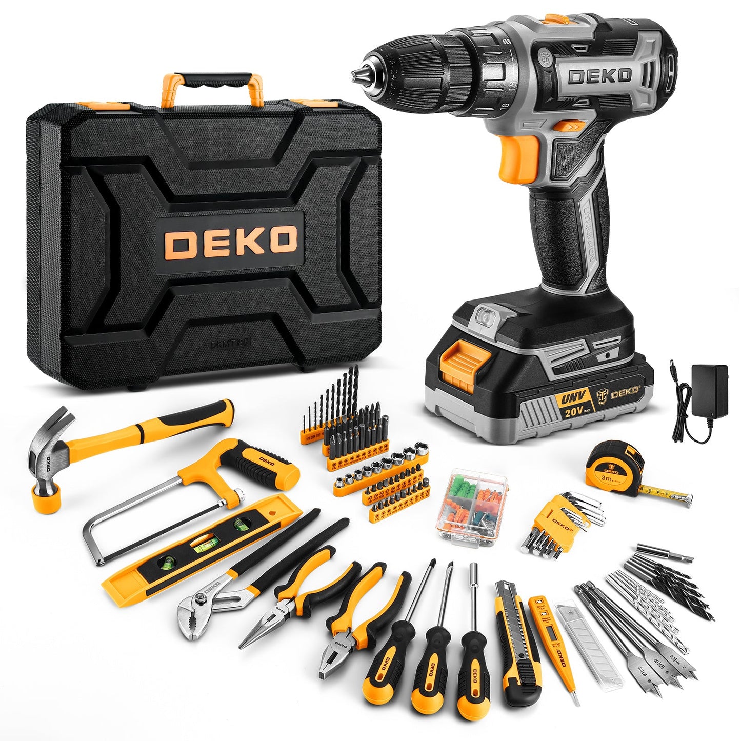 DEKO 186 Piece Professional Household Tool Kit Set with 20V Cordless Drill / Driver, Power Tools Set with Storage Case, 2.0Ah Rechargeable Battery, All in One hand tools kit, handy for DIY, Home Project, Pink Power Tools kit, Perfect Valentine's Day Gift